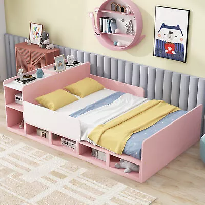 Wood Full Size Platform Bed Frame W/ Storage Cabinets And Guardrails Slat Pink • $407.99