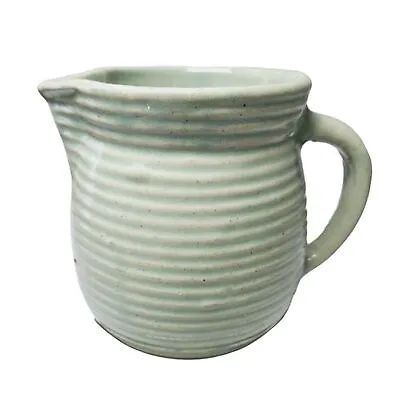 Vintage Monmouth Green Ribbed Pottery Pitcher  Stoneware Raised Maple Leaf Mark • $22.99