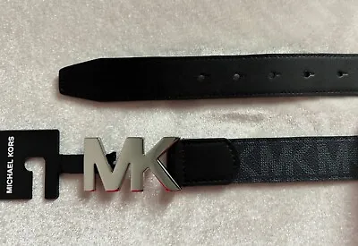 NWT Michael Kors Men Silver Tone MK Logo Buckle Admiral/Black  Monogram Belt 38 • $36.99