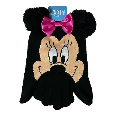 Disney Minnie Mouse Pom Pom Ears Bow Hat & Gloves 2 Pc Set Black/Pink New • £5.78