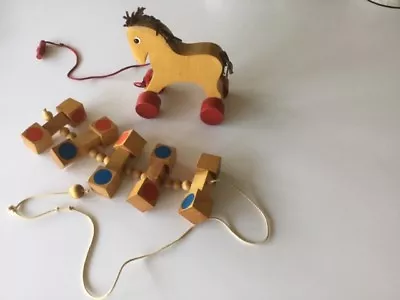 HABA Vintage Wooden Horse Pull Toy & CREATIVE PLAYTHINGS Wooden Cubes Pull Toy  • $30