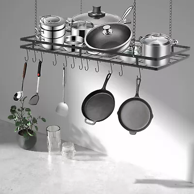 Modern Hanging Pot Holder Pan Hanger Kitchen Ceiling Rack With 12 Hooks Black • $39