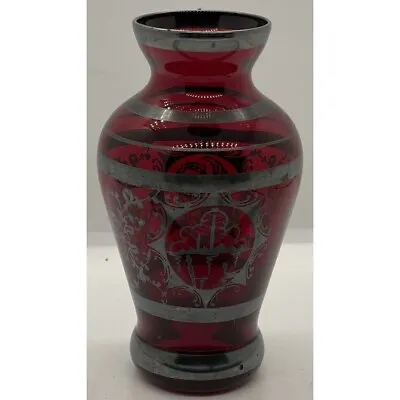 Venetian Ruby Red Glass Vase Silver Overlay Venice Italy Murano Hand Blown • $23.97