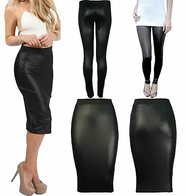 £6.99 • Buy Women Wet Look Midi Skirt Ladies Full Faux Length Leggings Pants PVC Leggings