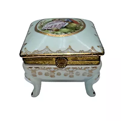 Antique Vtg Hinged Metal Trinket Jewelry Box Japan Footed Goldtone Porcelain Top • $7.19