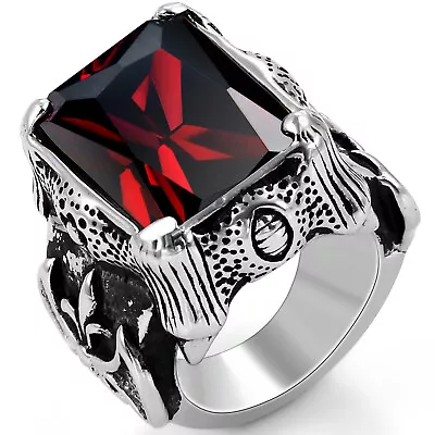 Men Vintage Stainless Steel Red Onyx Princess CZ Dragon Claw Ring Band Size 7-13 • $11.99