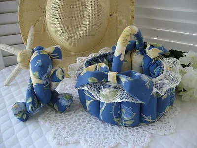 2pc Set BASKET & TEDDY BEAR Made W/ LAURA ASHLEY EMILIE Blue Floral Fabric NEW • $46.99