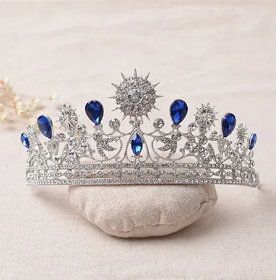 6cm Tall Adult Big Stars Blue Drip Crystal Leaf Tiara Crown Wedding Pageant Prom • £9.60