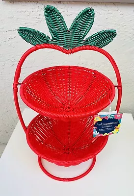 Ciroa Hello Summer Strawberry 2 Tier Resin Wicker Basket Serving Tray Stand • $35