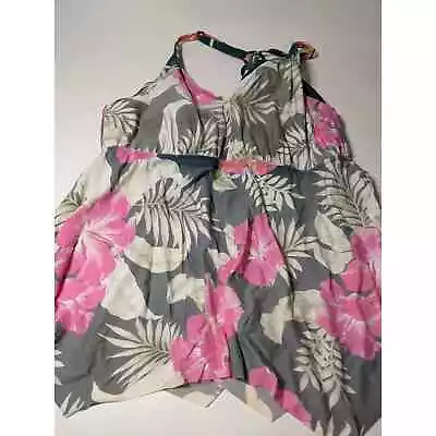 $14.40 • Buy Kona Sol Pink Gray Racerback Tankini 18W Back Tie Closure Flower Print Swimsuit