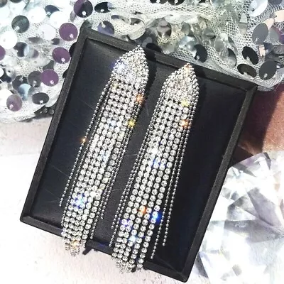 Silver Crystal Long Drop Rhinestone Diamante Bridal Wedding Dangle Earrings *UK* • £5.29