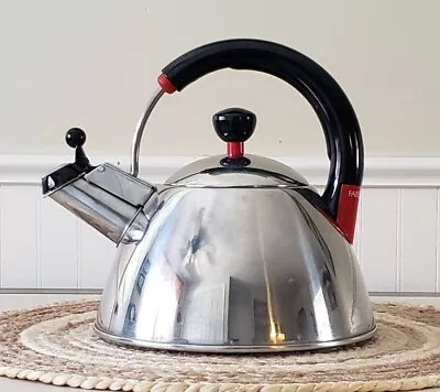 Vintage FarberWare Stainless Whistling Tea Kettle With Red Accents  • $38