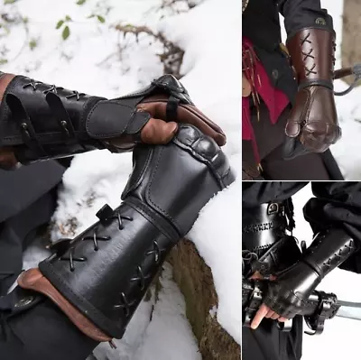 Medieval Armor Motorcycle Gloves Cuff Bracers Steampunk Gauntlet Leather Lace-Up • $27.89