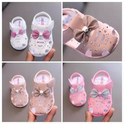 Baby Girls Bow Wedding Sandals Summer Toddlers Garden Walking Anti-slip Shoes UK • £9.49