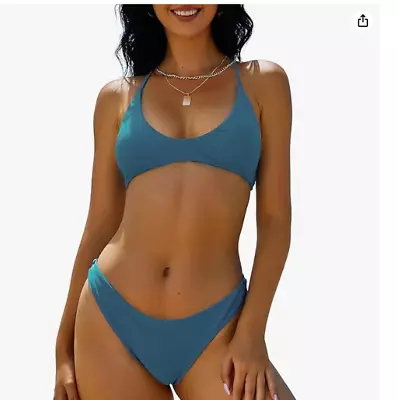 ZAFUL Womens Tie Back High Cut Bikini Set Two Piece Swimsuit Haze Blue Small • $17.99