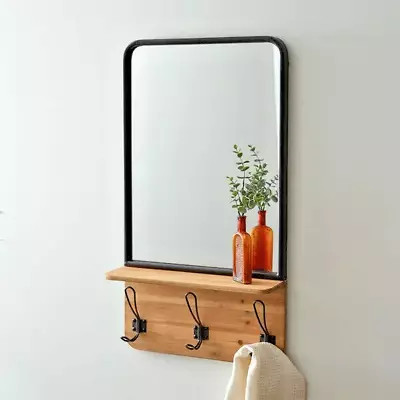 Entryway Foyer Wall Mirror 3 Hooks Shelf Wood Metal • $90