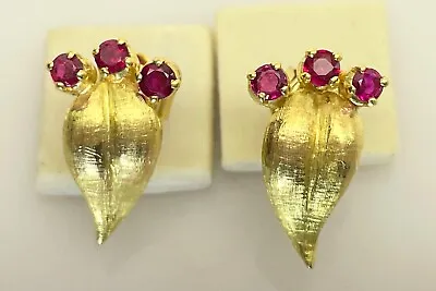 Vintage 18ct Gold & Ruby Leaf Earrings 4.5 Gms • £450