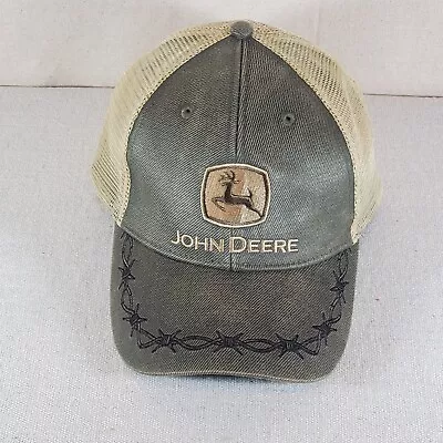 John Deere Oil Skin Baseball Cap Snapback Khaki Green With Barbed Wire Logo Used • $13.99