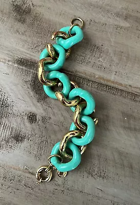 J Crew Aqua Green Gold Chunky Chain Link Enamel Statement Bracelet • $30.59