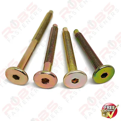 M6 X 50 Mm FURNITURE CONNECTOR BOLTS FLAT HEAD ALLEN KEY SCREWS BRASS • £2.99