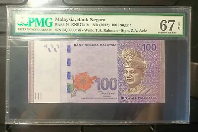 Malaysia Banknote Rm100 Pmg67epq Low Number Bq0000078 Zeti Gabenor • $118