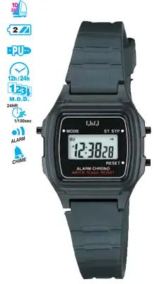 Q&Q LLA2J201Y Ladies Small 26 Mm Digital Black Resin Watch Alarm Chrono 10BAR • £14