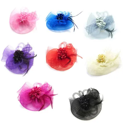 Net Veil Flower Fascinator Feather Headdress Brooch Hair Clip Bride Races Party  • $4.99