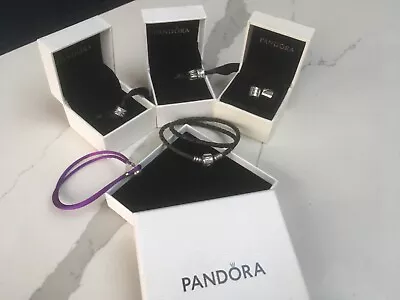 Pandora Black Double Braided Leather Wrap Bracelet Silver 36cm Plus 5 Charms • £24.50