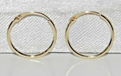 9CT GOLD SMALL PLAIN 10mm HINGED SLEEPER HOOP EARRINGS - PAIR - SOLID 9CT GOLD • £14.95