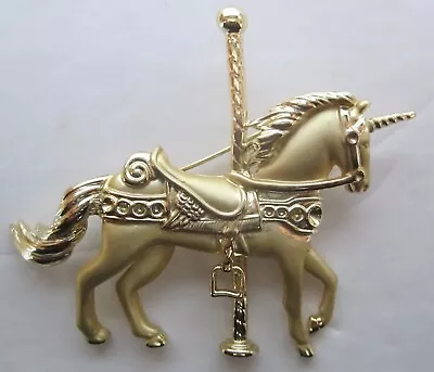 Carousel Unicorn Horse Brooch Pin Gold Tone Vintage 1980s 2 1/2 Inches Tall • $14.99