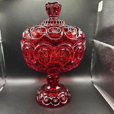 Vintage LE Smith Glass Moon & Stars Ruby Red Pedestal Compote Covered Candy Dish • $59.99