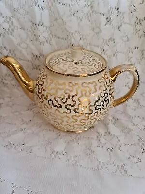 Vintage Sadler Cream Teapot With Gold Squiggle Pattern • £30