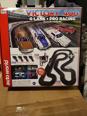 Auto World  Victory 400  4 Lane 36' HO Scale Slot Car Race Track Set SRS345 • $450