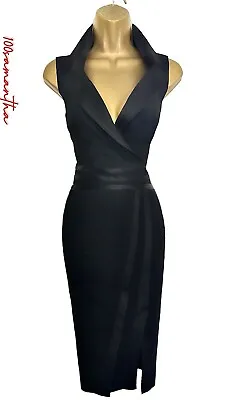 Karen Millen Size UK 14 VINTAGE TUXEDO SHEER LACE BACK WOOL PENCIL DRESS BLACK • £160