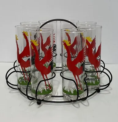 8 VTG Federal Glass Tom Collins Glasses & Caddy Carrier Rooster Tumblers 14 Oz • $95.99