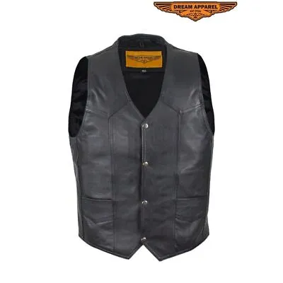 Men's Plain Black Leather Vest SOA Motorcycle Concealed V-Neck Biker Waistcoat • $83.69