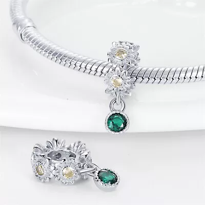 Sunflower Emeradl Green Crystal Spacer Bead Charm 925 Sterling Silver • £13.99