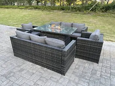 Fimous Outdoor PE Rattan Garden Furniture Gas Fire Pit Dining Table Sets Heater • £899