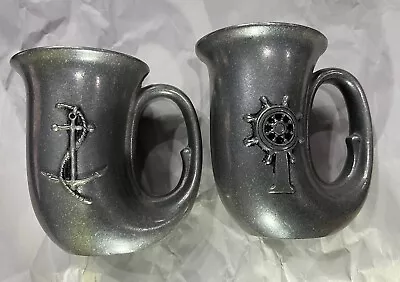 Pair Vintage Metal Pewter French Horn 5” Mug Ocean Scenes Beer Stein Tankard • $35