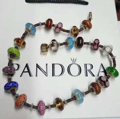 $5000 • Buy Pandora 14ct Gold Leather Bracelet 21 Charms - Murano + Wood *Extremely Rare*