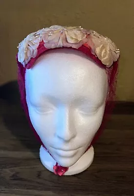 Vintage 1950s Women's Juliette Hat Cap Veil Chin Fuchsia Velvet Accent Millinery • $38.70