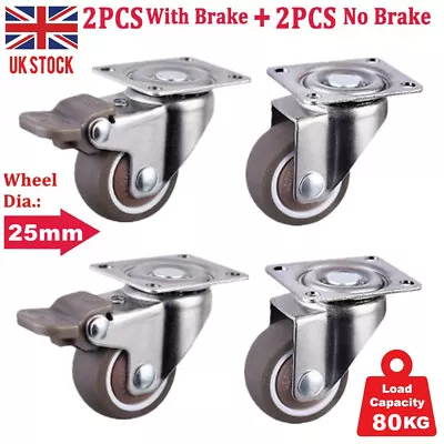 £8.99 • Buy 4X Heavy Duty 25mm Rubber Swivel Castor Wheels With Brake Trolley For Furniture~