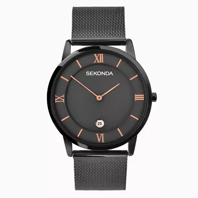 Mens Smart New Sekonda Black IP & Rose Gold Numeral Mesh Milanese Bracelet Watch • £33.65