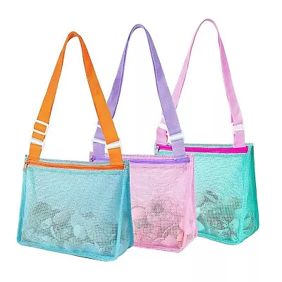 3PCS Mesh Beach Bags Seashell Bags Collecting Storage Tote Bags With Straps • $11.72