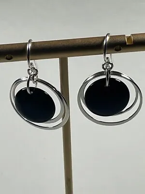 925 Sterling Silver Black Onyx Disk Circles Earrings 1.25  Modern Geometric 1216 • $15.12