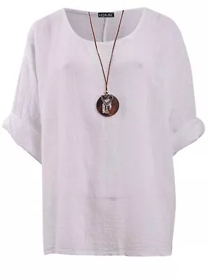 Womens Italian Plain Lagenlook Long Sleeve Fit Loose Ladies Necklace Tunic Top • £9.98