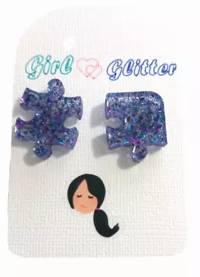 New Blue & Purple Glitter Sequins Handmade Puzzle Piece Earrings • $5.79