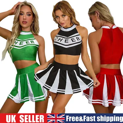 CHEERLEADER FANCY DRESS OUTFIT UNIFORM HIGH SCHOOL CHEER COSTUME Crop Top +Skirt • £7.99