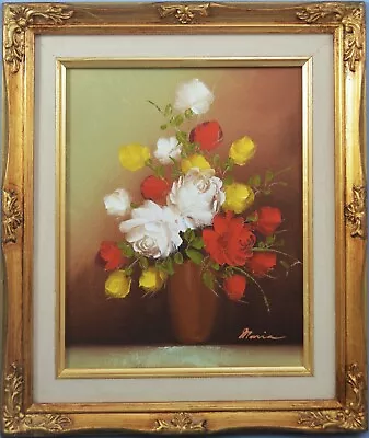 Vintage Original Oil Painting  Flowers In Vase Roses Signed Framed • $55