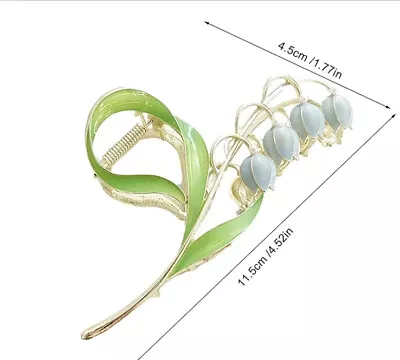 Blue Lily Of The Valley Claw Hair Clip Light Blue Flower And Green Leaf Gold • £12.53